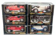 BURAGO: 1:18 Group of Mercedes Benz and Alfa Romeo Model Cars Including 1931 Alfa Romeo 8C 2300 Monza (3014); And, 1954 Mercedes 300SL (3013); And, 1936 Mercedes Benz 500K Roadster (3020). All mint in original cardboard packaging. (6 items)