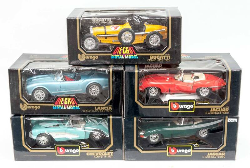 BURAGO: 1:18 Group of Model Cars Including 1961 Jaguar E Cabriolet (3026); And, 1935 Bugatti Grand-Prix (3013); And, 1957 Chevrolet Corvette (3020). All cars mint, all in original cardboard packaging with slight damage to some of the boxes. (5 items)