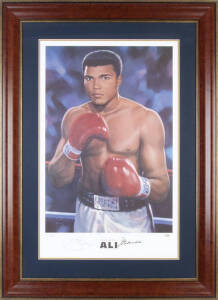 MUHAMMAD ALI: Print "Muhammad Ali" by Mark Sofilas, signed by Muhammad Ali and the artist and numbered 230/250, window mounted, framed & glazed, overall 83x116cm. With CoA & 'Online Authentics' No.OA-7303689.