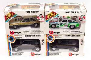 BURAGO: 1:24 Group of Model Cars Including Ford Capri GR 5 (181); And, Ford Mustang (182); And, Ritmo Gold Black (180). All mint in original cardboard packaging (4 items)