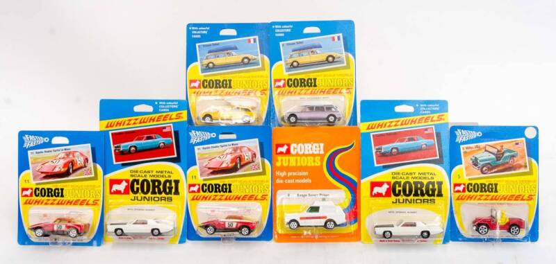 CORGI: Group of Vintage 'Corgi Juniors' Blister Pack Models Including Austin-Healey Sprite Le Mans (11); And, Cadillac Eldorado (9); And, Range Rover Police (9). All unopened and mint in packaging. (96 items)