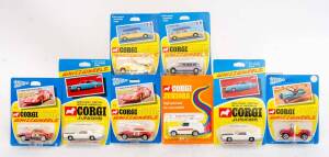 CORGI: Group of Vintage 'Corgi Juniors' Blister Pack Models Including Austin-Healey Sprite Le Mans (11); And, Cadillac Eldorado (9); And, Range Rover Police (9). All unopened and mint in packaging. (96 items)