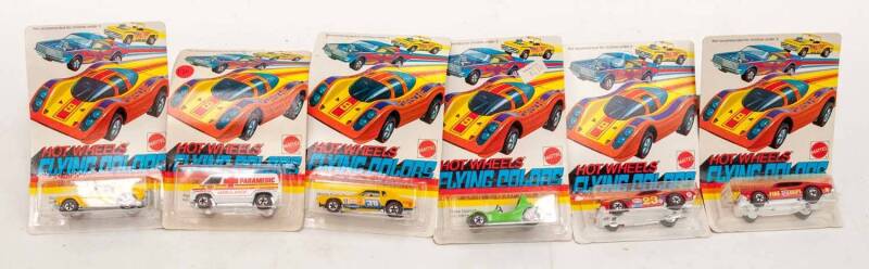 MATTEL: Group of Vintage 1970s Hotwheels 'Flying Colours' Blister Packs Including Tough Custom (7655); And, Police Cruiser (6963); And, Chief's Special (7665). Most mint, all on original cardboard cards. (36 items)