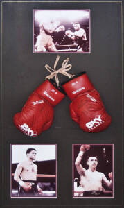 JEFF FENECH & KOSTYA TSZYU, pair of "Sports Master - Sky Channel" boxing gloves, one signed by Jeff Fenech, other signed by Kostya Tszyu, window mounted with photos of each fighter, framed & glazed, overall 72x116cm.