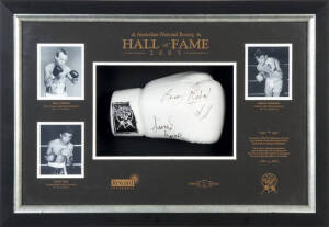 2003 Australian National Boxing HALL OF FAME, display comprising boxing glove with 3 signatures - Barry Michael, Johnny Famechon & Lionel Rose; window mounted with photographs of the three Champions, framed and glazed in display case, overall 75x53cm. Lim