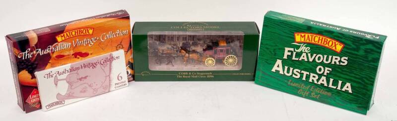 MATCHBOX: Group of Matchbox Models Including Cobb & Co Stagecoach the Royal Mail Circa 1850s; And, Flavours of Australia Set; And, The Australian Vintage Collection with 6 Prestige Coasters. All mint in original cardboard packaging. 