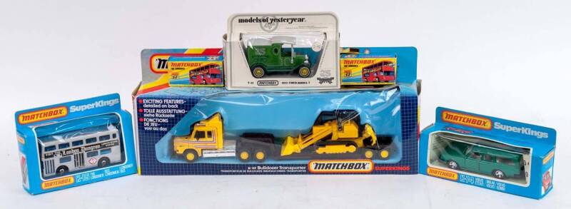 MATCHBOX: Group of Model Trucks and Cars Including 'Superkings' Bulldozer transporter (K 117); And, 'Superkings' Volvo Estate (K 74); And, 'Superfast' The Londoner (17). Some mint in original cardboard packaging (20 items)
