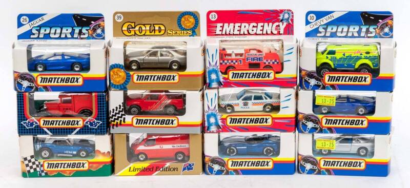 MATCHBOX: Group of Model Cars Including 'Emergency' Snorkel Fire Engine (13); And, BMW 850 (2); And, Jaguar XJ6 (1). All mint in original cardboard packaging (56 items)