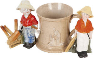 CRICKET PORCELAIN: Antique early 19th century tankard adorned with three pate sur pate cricketers, pearl bead work rim and applied handle (crazed, 2 chips on base and hairline cracked rim), rare piece; E.P.KINSELLA painted bisque figures (2) one titled "O