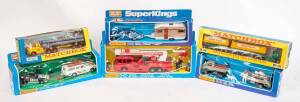 MATCHBOX: Group of Vintage 'Super Kings' Models Including Farm Unimog (K34); And, Snorkel Fire Engine (K39); And, Caravan Touring Set (K69); And, Dodge Tractor With Twin Tipper Train (K16). Most mint with all in original cardboard packaging. (34 items)