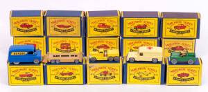 MATCHBOX: Group of Vintage 1950s Moko Lesney Era 1-75 B Style Model Cars Including Transporter Trailer (16); And, Army Half Track Personnel Carrier (49); And, Wolseley 1500 Car (57). Most mint, all in original cardboard packaging. (67 items)