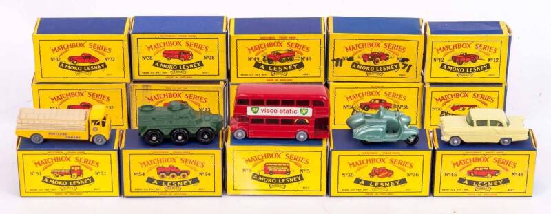 MATCHBOX: Group of Vintage 1950's Moko Lesney Era Model Cars Including London Bus (5); And, Lambretta & Side Car (36); And, Vauxhall Victor (45). Most mint in original cardboard packaging. (64 items)