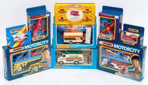 MATCHBOX: Group of Model Cars and Trucks Including 40th Anniversary Collection Commemorative Pack (G 1); 'Motorcity' Red Rebels Aerobatic Team (MC 12); And, 'Superkings' Airport Rescue (K 114). Most Mint in original cardboard packaging. (73 items)