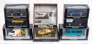 MINICHAMPS: 1:43 Mercedes-Benz Group of Model Cars Including Mercedes-Benz Sprinter Delivery Van (Funny Frisch); And, 1970 Mercedes-Benz C111/II (Orange); And, 1995 Mercedes-Benz Unimog 401 (Deutsche Bundespost). All mint in original cardboard packaging. 