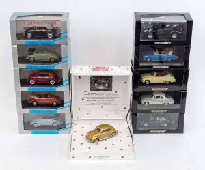 MINICHAMPS: 1:43 Group of Model Cars Including 1951/52 VW Cabrio Softop (Black); And, 2001 Toyota Yaris TS (Blue); And, Wartburg A 312 Saloon (Blue). All mint in original cardboard packaging. (29 items)