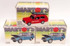 MARTOYS: 1:24 Range Rover Group Including A Pair of Range Rovers (104); And, Range Rover Airport Fire Engine (125). All cars mint, all in original cardboard packaging with slight damage to some of the boxes. (3 items)