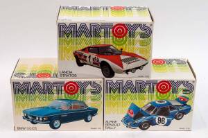 MARTOYS: 1:24 Group of Model Cars Including Lancia Stratos (108); And, Alpine Renault Rally (101); And, BMW 3.0CS (110). All mint in original cardboard packaging. (3 items)