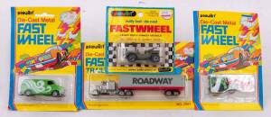 PLAYART: Group of 'Fast Wheels' Blister Pack Model Cars Including Volvo 244 DL; And, US Jeep (7591); And, Truck with Trailer (7591). Most mint, all on original cardboard card. (18 items)