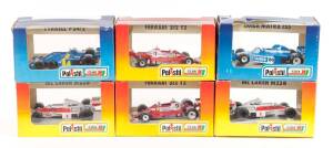 POLISTIL: 1:32 Group of Model F1 Cars Including McLaren M23B (FK11); And, Ferrari 312 T2 (FK19); And, Tyrrell P34/2 (FK12). Most mint all in original cardboard packaging. (12 items)