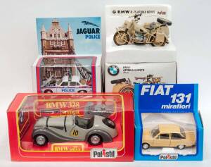 POLISTIL: Group of Model Vehicles Including BMW Afrika Korps (MS110); And, Jaguar Police (S635); And, Fiat 131 Mirafiori (S633). All vehicles mint with slight damage to some of the packaging. (4 items)