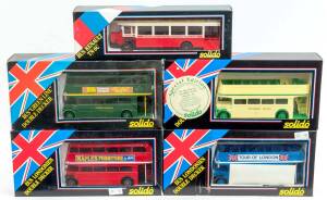 SOLIDO: Group of Busses Including Bus 'Green line' Double Decker (4404); And, Bus Londonien Double Decker (4402); And, Renault TN 6C (4401). All cars mint, with some damage to some of the boxes. (10 items)
