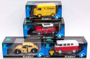 SOLIDO: 1:18 Group of Model Cars Including 1964 Mini Cooper S (8022); And, 1962 Citroen HY (8053); 1966 VW Combie Vitre (8031). All mint in original cardboard packaging. (4 items)