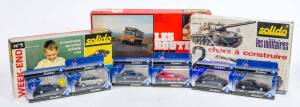 SOLIDO: Group of Model Cars Including Les Routiers Hobby Kit (No 10); Les Militaires 2 Chars a Construire AMX 30 & AMX 13.90m/m Hobby Kit (Ref C); And, Mini Cabriolet 1995 (1537). All mint in original packaging. (64 items) 