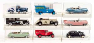 SOLIDO: Group of Model Cars Including 1950 Buick Super Convertable (4511); And, Cadillac Police (4043); And, Dodge Publicitaise (4423); All mint in original display cases. (14 items)