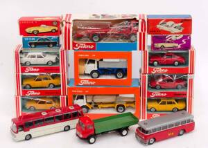 TEKNO: Group of Model Cars and Trucks Including Falck 'Fejblad' (920); And, Ford Transit Ambulance (415); And, Ford D 810 Wood Truck (917). Some mint in original cardboard packaging. (58 items)