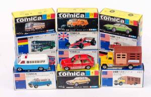 TOMICA: Group of Model Cars Including Ford Cattle Truck USA (F27); And, Chevrolet Chevy Van Sheriff (F9); And, Familia 1500XG (4). All mint in original cardboard packaging. (45 items)