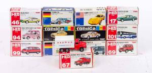 TOMICA: Group of Model Cars Including Porsche 925-78 Turbo (F10) West German); And, Citroen H Truck Police Car (F44) French; And, Highway Mail Coach Red Truck White Trailer (67). All but one mint in original cardboard packaging (49 items).