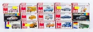 TOMICA: Group of Model cars Including Mitsubishi Lancer Turbo (38); And, Dome Celica Turbo (35); And, Minica Toppo Florist's Van (94). All mint in original cardboard packaging. (18 items)