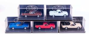 TRAX: 1:43 1962 Ford XL Falcon Delux Utility (TR43B) Reef Blue; And 1982 Ford XE Falcon S Pack Ute (TR71B) Mocha Brown; And 1982 Ford XE Falcon Utility (TR71) Saffron Beige; And 1984 Ford Falcon XF Utility (TR75) Monza Red; And 1993 Ford XG Falcon S Longr