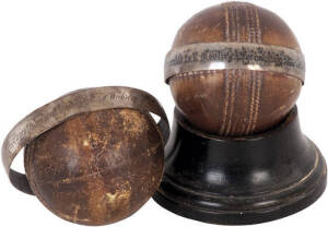 CRICKET TROPHY BALLS: (2) 19th century English cricket trophy balls inscribed "Presented to R.F.Winch by the eleven for his great bowling feat.(10 Wickets clean bowled) in the match, Oundle School V County (Northants) 1879"; and "Presented to R.F.Winch fo