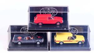 TRAX: 1:43 1962 Ford XL Falcon Deluxe Van (TR44B) Waratah Red; And 1979 Ford XD Falcon Sundowner Panel Van (TR70C) Blaze Yellow; 1984 Ford Falcon XF Panel Van (TR76) Silver. All mint in original plastic cases with original cardboard boxes and labels. (3 i