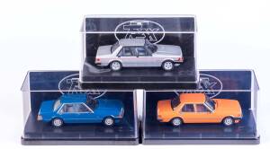 TRAX: 1:43 1979 XD Falcon ESP Sedan (TR84F) Silver Grey; And 1979 XD Falcon Sedan (TR84) Burnt Orange; And 1979 XD Falcon Sedan (TR84B) Oxford Blue. All mint in original plastic cases with original cardboard boxes and labels. (3 items) 