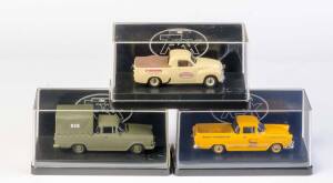 TRAX: 1:43 1951 Holden 50-2106 Utility (TR25H) Stanbridge's Hobby Shop 60th Anniversary Edition; And 1960 Holdern FB Utility (TR73C) Australian Army; 1960 Holden FB Utility (TR73D) Golden Fleece Aussie Oil Series. All mint in original plastic cases with o