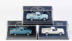 TRAX: 1:43 1963 Holden EH Utility (TR54F) RAAF; And 1963 Holden EH Utility (TR54G) Centennial Coal; And 1977 HZ Sandman Ute (TR22D) Palais White. All mint in original plastic cases with original cardboard boxes and labels. (3 items) 