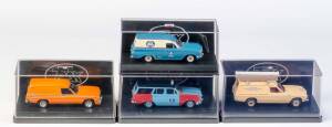 TRAX: 1:43 1962 Holden EJ Special Station Wagon (TR41D) Aussie Taxi Series RSL Taxi; And 1976 Holden HX Panel Van (TR47B) Buckskin Biege - Electrician Van; And 1977 Holden HZ Sandman Van (TR23D) Valencia Orange; And Holden EJ Van (TR53C) Rosella. All mint