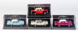 TRAX: 1:43 1956 Holden FE Business Sedan (TR40E) Delux Red Cabs; And 1960 Holden FB Special Sedan (TR20L) Custom Hot Rod Edition; And 1966 Holden HR Special Sedan (TR32F) Variety Childeren's Charity; And 1967 Holden HR Sedan 186S (TR32G) Kurrewa Blue/Glac