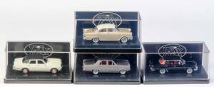 TRAX: 1:43 1961 Holden EK Premier Sedan (TR21G) Euroa Gold/Fowlers Ivory; And 1962 Holden EJ Premier Sedan (TR39E) Carlsbad Black; And 1965 Holden HD Premier Sedan (TR56D) Tawny Grey Metalic; And Holden HT Premier Sedan (TR82B) Kashmir White. All mint in 