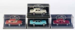 TRAX: 1:43 1968 Holden HK Premier Sedan (TR68) Silver Mink; And 1968 Holden HK Premier Sedan (TR68B) Burgundy Metallic; And 1969 Holden HT Premier Sedan (TR82) Tunisian Turquoise; And 1970 Holden HG Premier Sedan (TR83) Burnished Bronze Metallic. All mint