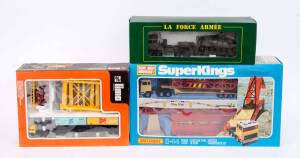 Group or Large Models Including LIMA: Ho Scale Container Unloader (960); And MATCHBOX: 'Super Kings' Bridge Layer (K-44); And, VEREM: La Force Armee Berliet T12 AMX30 Pluton. All mint in original cardboard packaging. (3 items)