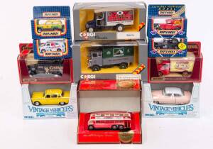 Group of Miscellaneous Model Cars Including MATCHBOX: Jeep Cherokee (MB-27); And, CORGI: 'Classics' AEC 508 Forward Control 5ton Cabover; And, ERTL: 1:43 'Vintage Vehicles' 1952 Cadillac Couple DeVille (2541). All Mint in original cardboard packaging. (28