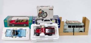 Group of Large Model Cars Including DANBURY MINT: 1957 Mercury Montclair Convertible; And, DANBURY MINT: 1946 Red Dodge Power Wagon; And, ANSON: 1:18 BMW 2002 Turbo; And, POLISTIL: 1:15 Moto Guzzi V7 Special (MS 102). All mint in original packaging. (6 it