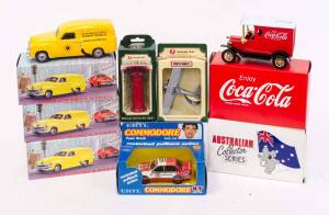 Group of Assorted Model Cars and Trucks Including ERTL: 1:43 Motorized pullback Peter Brock Commodore Race Car (3226); And, MINT & BOXED: Holden FJ (MB009); And, LEN HUNTER: Aussie Road Rig. Most mint in original cardboard packaging. (27 items)