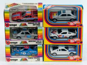 Group of 1:43 Scale Model Cars Including MATTEL: Hotwheels Lancia Rally (37); And, BURAGO: Lancia Beta Martini (4170); And , BURAGO: Lancia Stratos VSD (4108). Most Mint in original cardboard packaging. (30 items)