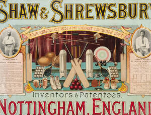 CRICKETING ADVERTISEMENTS: Attractive Shaw & Shrewsbury coloured lithograph advertisement stating "Four Awards Adelaide & Melbourne Exhibition 1887", 35 x 45cm margins heavily trimmed; "Bell's Three Nuns Tobacco" advertisement with art work by Thorpe, 18 