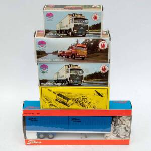 Group of Miscellaneous Model Cars Including TEKNO: Volvo F89 (427); And, NARCORAL: Transporte Militar (506); And, NARCORAL: Scania LBS 141 (209). Most mint in original cardboard packaging. (9 items)