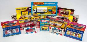 Miscellaneous Group of Model Cars Including MATTEL: Hotwheels Flying Colors CAT Dump Truck (1171); And, MATCHBOX: Superkings Delivery Truck and Fork Lift (K 40); And, MATCHBOX: 1914 Prince Henry Vauxhall (Y2). Most Mint, all in original cardboard packagin